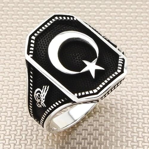 Sterling Silver Crescent Star Ring Ottoman Tughra Motif Ring Ottoman Accessories Men for Ring Made in Turkey