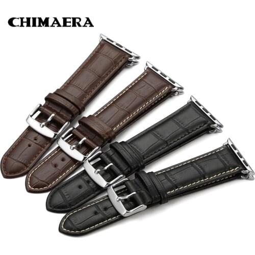 CHIMAERA Watch Strap 22 24mm Silver Buckle Leather Strap Black Brown Watch band Alligator Grain Bracelet For Apple Watch Band