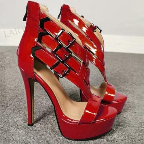 SEIIHEM Women Platform Sandals Buckle Straps Back Zip High Heels Pumps Party Club Shiny Shoes Women Large Size 44 46 49 50 52