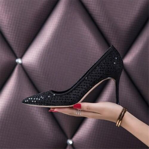 Pumps Women Shoes Sexy High Heels 8.5cm Black Pointed Toe Fashion Summer Lace Mesh Shoes Office Ladies Party patchwork Shoes