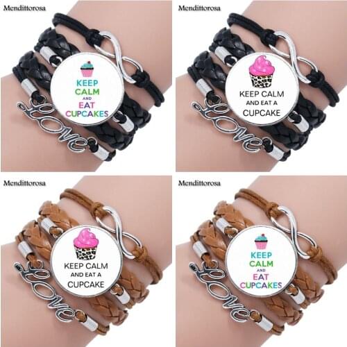 Mendittorosa Vintage Jewelry Glass Cabochon Multilayer Black/Brown Leather Bracelet Bangle For Christmas Gift Keep Calm