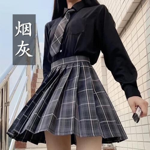 [Smoky Gray] Summer Korean High Waist Pleated Skirts Black Gothic Sexy Cute Mini Plaid Skirt Women JK Uniform Students Clothes