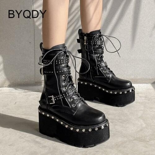 BYQDY 2021 Autumn Winter Women Ankle Boots Rivets Gothic Night Club Lady Shoes Round Toe Thick Heels Platform Female Short Boots