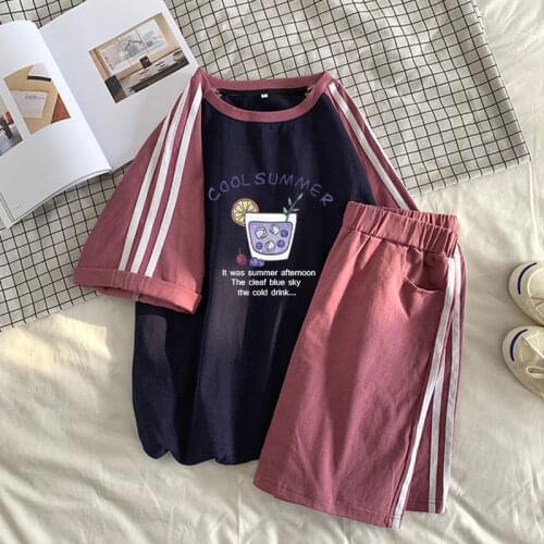 Shorts Suit Womens 100% Pure Cotton Casual Sportswear Ladies Summer Suit Two-piece Women Short-sleeved Shorts Two-piece Suit