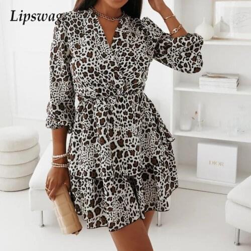 Sexy V Neck Double Layer Ruffle Women Party Dress Autumn Ladies Casual Long Sleeve Mini Dress Elegant Floral Print Leopard Dress