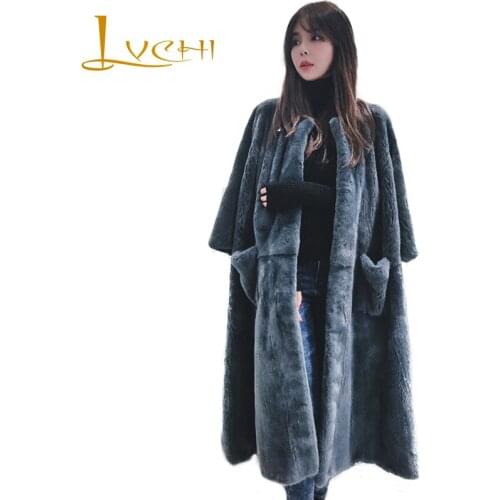 LVCHI Winter 2019 Solid O-Neck Long Real Mink Fur Coats Dark green Grey Womens Button Loss OL Office X-Long Causal Mink Coats