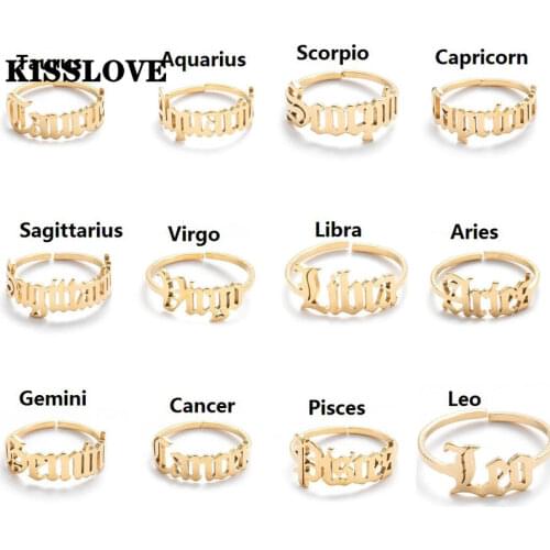 KISSLOVE Stainless Steel Zodiac Rings for Women Antique Style Design Letter Leo Aries Rings Minimalist 12 Constellation Jewelry