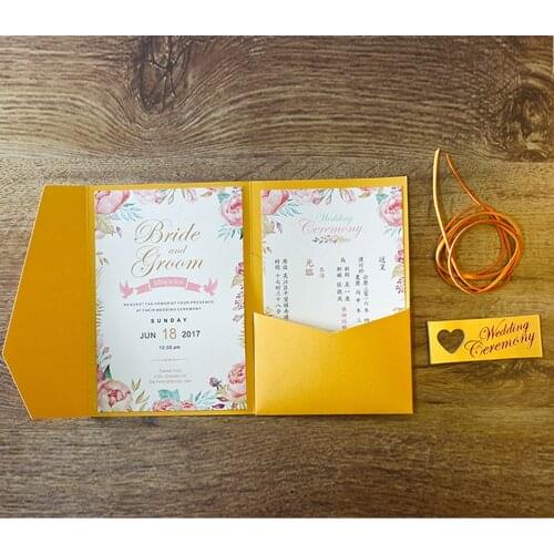 Golden Wedding Invitations Envelope with Custom Wording Invite Cards, Golden Pocket Invitation Cards - Set of 50 pcs