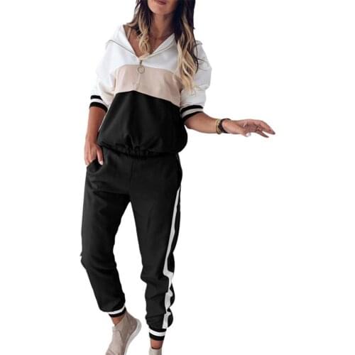 2Pcs Sport Women Color Block Zip Hoodie Elastic Waist Ankle Tied Pants Tracksuit