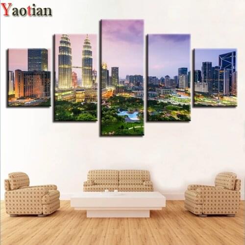 5 Piece 5D Diamond Art High Rise Buildings City Scenery Diamond Painting Full Square Round DIY Diamond Embroidery Rhinestones