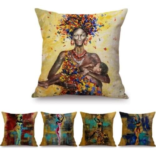 African Woman Girl Portrait Dancer Mother Oil Painting Art Home Decorative Pillow Case Cotton Linen Car Sofa Back Cushion Cover