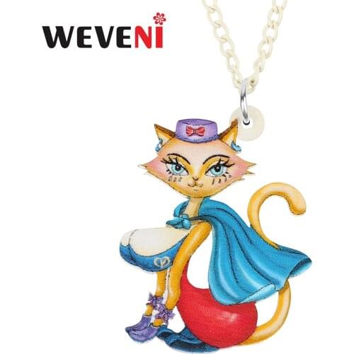 WEVENI Acrylic Elegant Cloak Cat Kitten Necklace Pendant Fashion Long Chain Unique Charms Gifts Party Jewelry For Women Girls