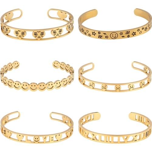 Punk Stainless Steel Bracelets For Women Bangle Bracelet Smile Face Roman Numeral Bracelet Geometric Open Cuff Bracelet Jewelry