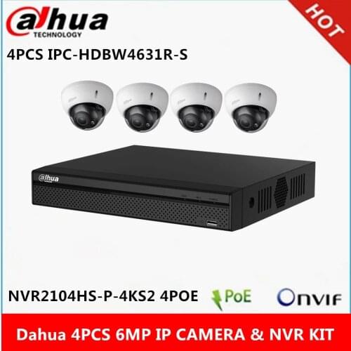 Dahua 4 pcs IPC-HDBW4631R-S 6MP IP Camera & NVR2104HS-P-4KS2 4ch with 4poe ports CCTV Camera System support p2p