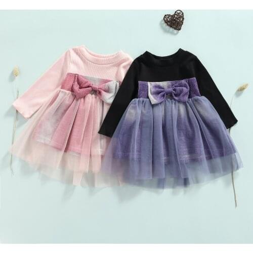 Kid Girls Fashion Gradient Color Dress Toddler Girls Long Sleeve O-neck Mesh Patchwork Bow Princess Dress Autumn Clothes