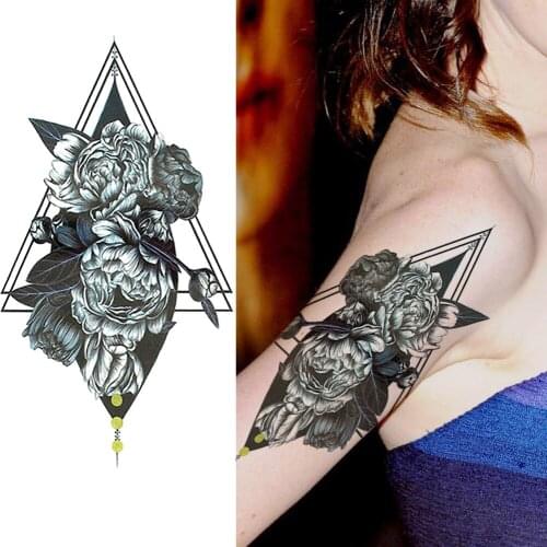 Geometric Rose Temporary Tattoos Waterproof Fake Black Flower Lotus Tatoo Fashion Body Art Painting Arm Legs Tatoo For Women Men