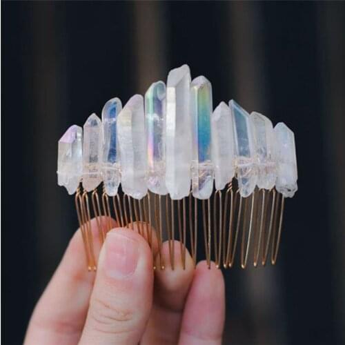 Holographic Colorful Handmade Raw Crystal Hair Side Comb Bridal Wedding Festival Party Headwear Ponytail Decorative Hairpin Clip