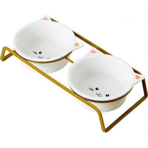 Ceramic Pet Cat Bowl Double Dog Bowl Protection Cervical 15°Tipped Pet Food Water Container Storage Waterer Cat Supplies