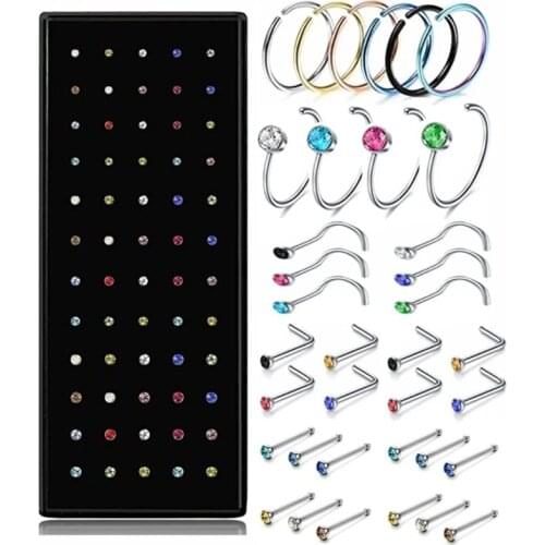 40/60Pieces Crystal Stud Nose Ring Set Stainless Steel Nose Hoop Lshape Indian Nose Stud Pack Piercing Nariz Hoop Jewelry