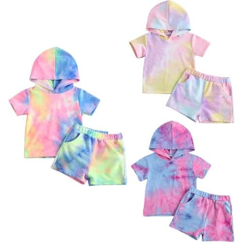 Lioraitiin 0-5Years Toddler Baby Boy Clothing Set Short Sleeve Tie-Dye Printed Hooded Top Shorts 2Pcs Outfit 3Styles