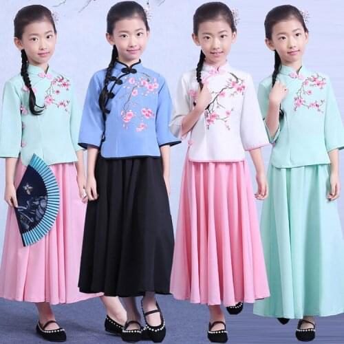 Girls Chinese Ancient Princess Costume Tops+Skirts Child Traditional Hanfu Clothing Tang Dynasty Student Dance Clothes 89