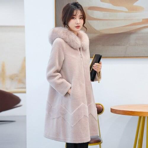 100% wool jacket natural fur, autumn and winter hooded coat, womens coat with fox fur collar, Manto femme