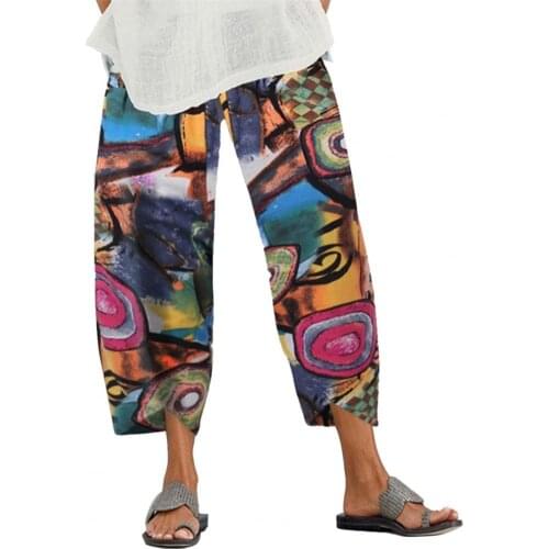 Summer Women Pants Retro Abstract Print Elastic Waistband Ninth-length Skin-friendly Wide Leg Ladies Pants