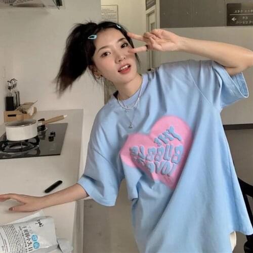 Harajuku Cute and Sweet Blue Letter Print Womens Short-sleeved T-shirt Summer Casual Streetwear Female Tops Aesthetic Clothing