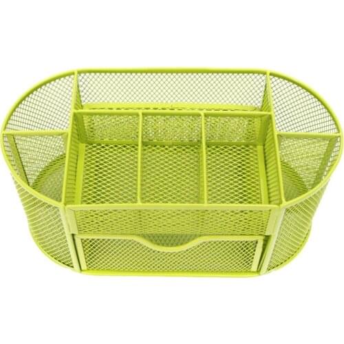 Multifuction 9 Cells Metal Mesh Desktop Office Pen Pencil Holder Desk Organizer (Green)