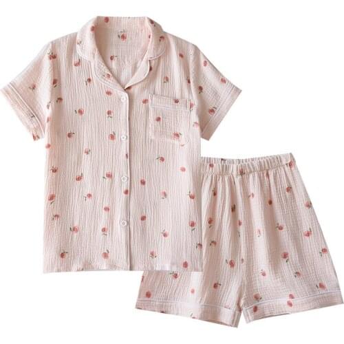Fashion Summer Ladies Short-sleeved Shorts Pajamas Set100%Cotton Crepe Cloth Thin Home Service Two-piece Spring and Autumn Loose