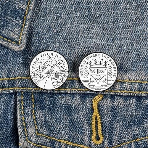 Cartoon white round enamel brooch mountain peak woods outdoor adventure bus travel pins alloy badge clothes bag jewelry gift