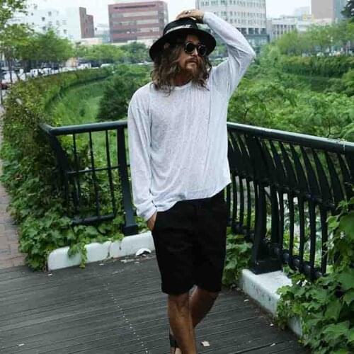 Mens new fluorescent round neck loose Trend Micro transparent long sleeve beach T-shirt