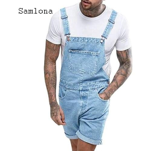 Samlona Plus Size Mens Fashion Jeans Denim Shorts Blue Multi-Pocket Suspender Rompers Jeans 2021 Summer Frayed Jeans Overalls