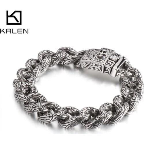 14mm Punk Skull Shiny Bracelet Mens Stainless Steel Curb Cuban Chains Bracelets