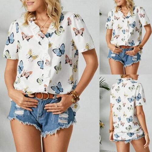 Summer New Arrivals Europe and America Ruffle Short Sleeve Butterfly Printed Shirt Womens Clothing Casual Fashion Top Girl