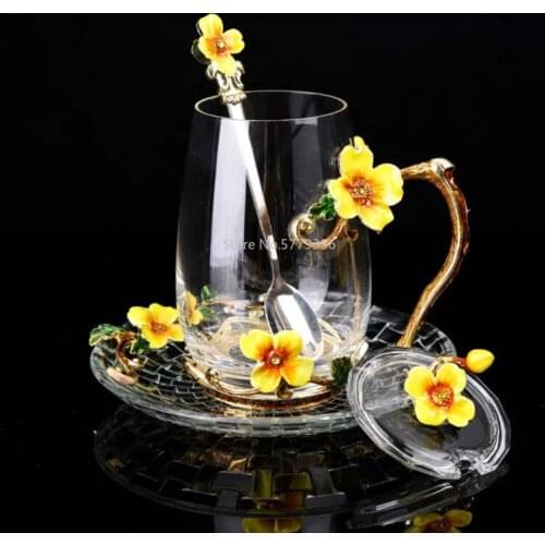 New Enamel Glass Cup Mug for Coffee Flower Tea Glass Cups with spoon Home Drinkware Perfect Wedding Gift for Summer Tea Mug Set