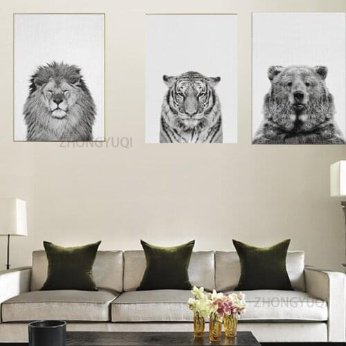 Black White Animal Poster Panda Lion Fox Alpaca Bear Canvas Painting Nursery Wall Art Nordic Baby Picture Kid Room Decor