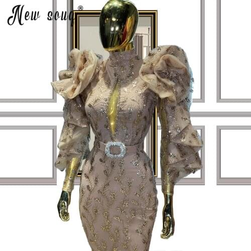 Puff Sleeves Mermaid Long Party Dress 2021 Celebrity Dresses Arabic Formal Evening Wear High Neck Dubai Evening Gowns Robes