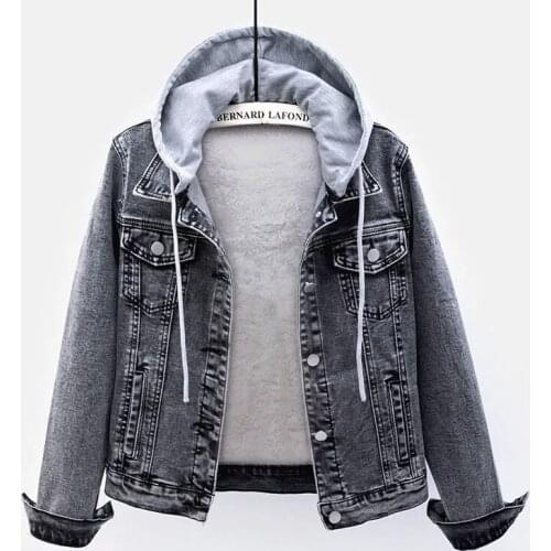 Casual BF Thick Winter Denim Jackets Women Fashion Removable Hoodie Plus Cotton Black Jean Coats Slim Vintage Streetwear Clothes