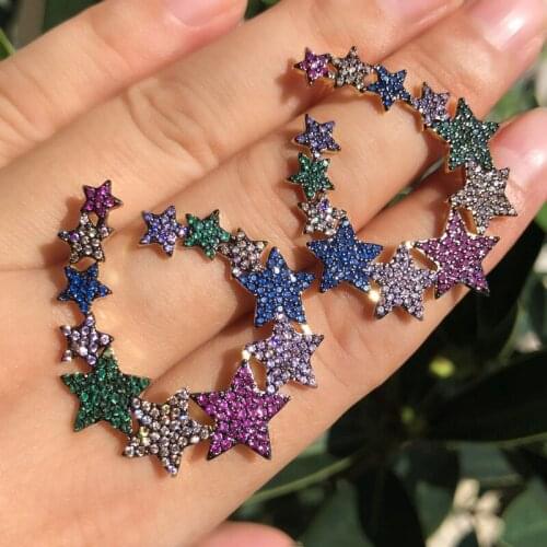 Luxury Colorful Cubic Zirconia Star Dangle Earrings Geometric Hollow Bohemia Gold Color Copper Earring CZ Stone Women Jewelry