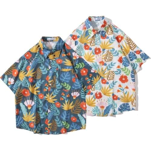 Men Shirt Casual Loose Summer 2021 Short Sleeve Floral Printing Hawaiian Beach Vintage Turn Down Collar Flower Clothing