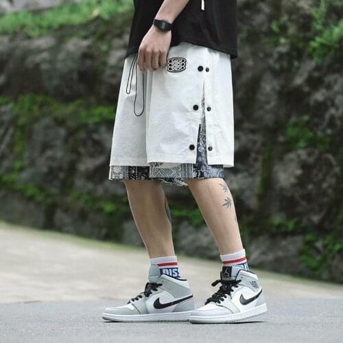 2021 high street shorts mens loose brand Korean summer hip hop splicing casual wide leg five point pants