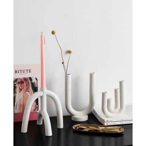 Nordic Creative Water Pipe Ceramic Candlestick Home Decoration Hotel Model Modern Simple Living Room Side Cabinet Candle Holder