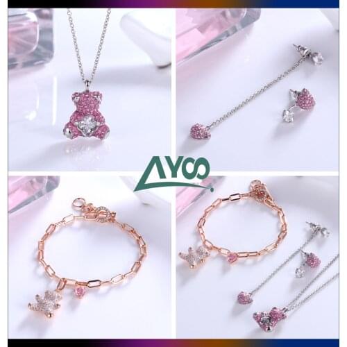SWA Fashion Jewelry High Quality Original 1:1,Charm Smart New Beating Heart Crystal Bear Necklace Earring Bracelet Set For Women