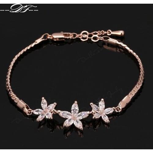 Unique Chic Clear Flower Rhinestone Chain Bracelets & Bangles Rose Gold Color Jewelry For Women Crystal HotSale DFH023