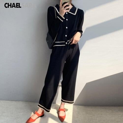 Women Korean Knitted 2 Piece Set Fashion Autumn Knit Cardigan + Wide Leg Pants Suits Female Casual Sets