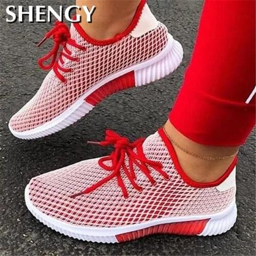 2020 Women Sneakers Sport Lace Up Femme SummerWomen Flats Breathable Weave Casual Shoes Plus Size Office Flat