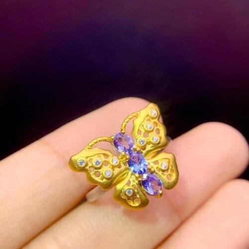 Personalized design womens butterfly ring natural Tanzanite 925 sterling silver, gold plated, adjustable size