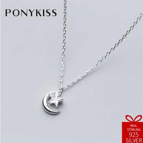 PONYKISS Romantic 100% 925 Solid Sterling Silver Zircon Moon Star Pendant Necklace Chain Women Fine Jewelry Anniversary Party