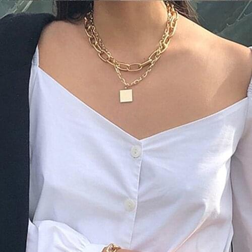 VSnow Retro Double Layers Chunky Chain Square Pendant Necklace for Women Punk Hollow Link Gold Color Necklaces Jewellery Hot